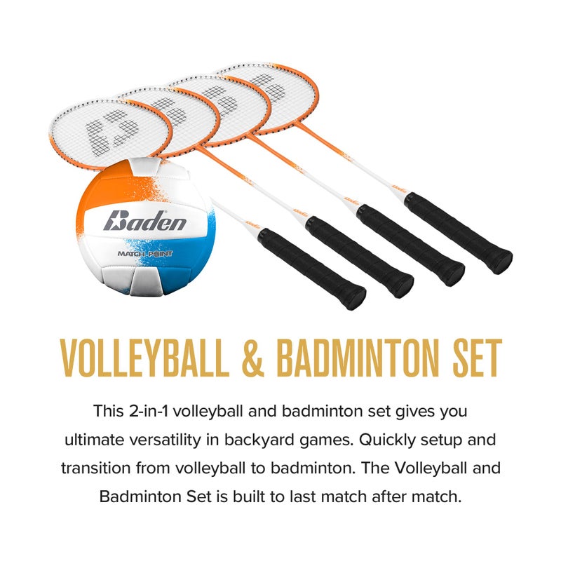 Baden Champions Volleyball/Badminton Portable Combo Set Orange/Blue Official Size 32 ft Wide Net + 4 Raquets + 3 Birdies + Boundary + Volleyball + Pump + Carry Bag - Image 2